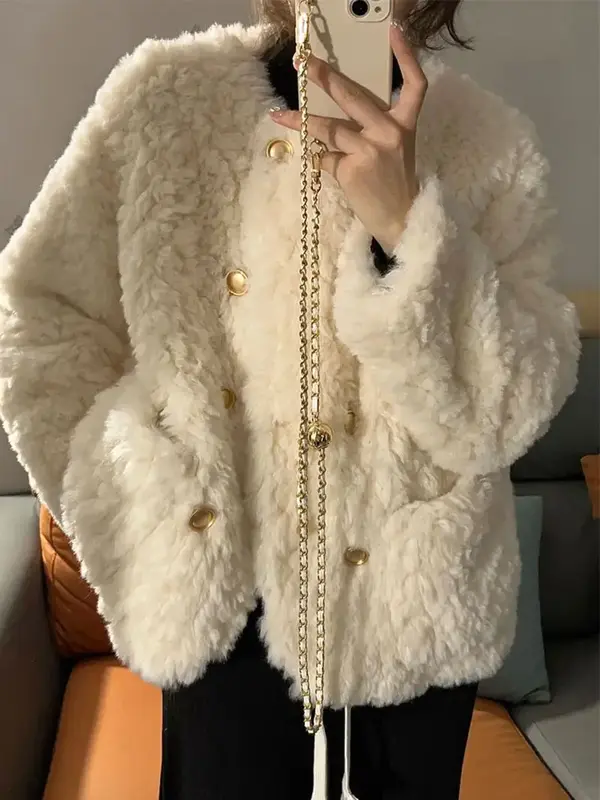 Xiaoxiangfeng-abrigo de piel de cordero para mujer, abrigo de algodón de piel sintética, holgado, blanco, grueso, 2022
