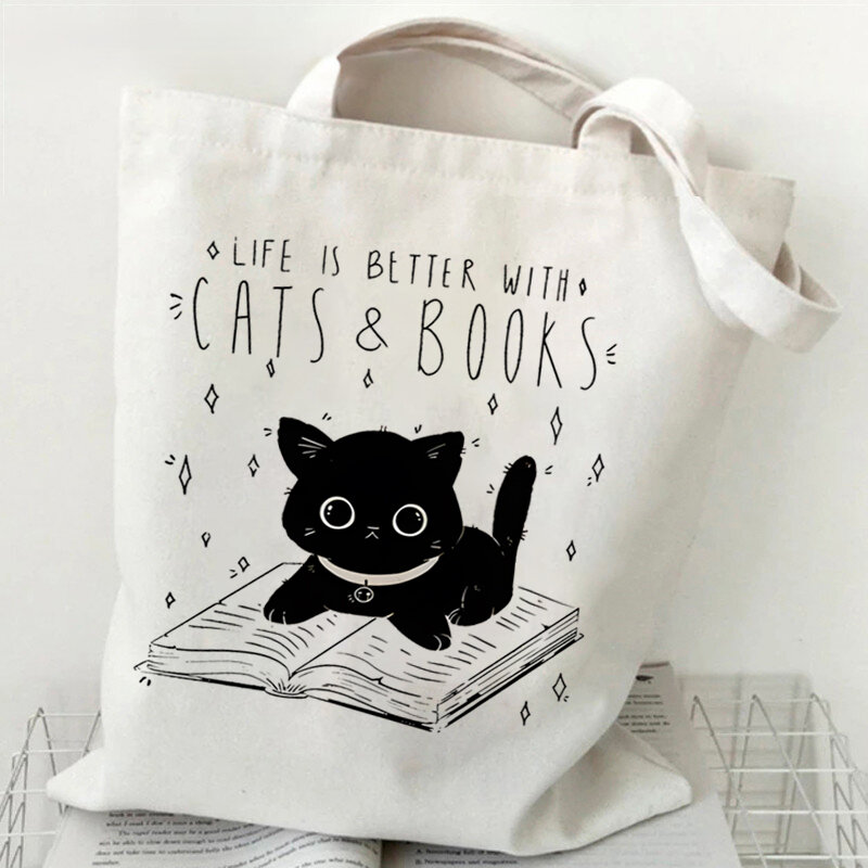 Сумка-тоут женская холщовая с кошками и книжками, саквояж с милым котом для покупок, Студенческая литературная книжка, мультяшная Сумочка на плечо