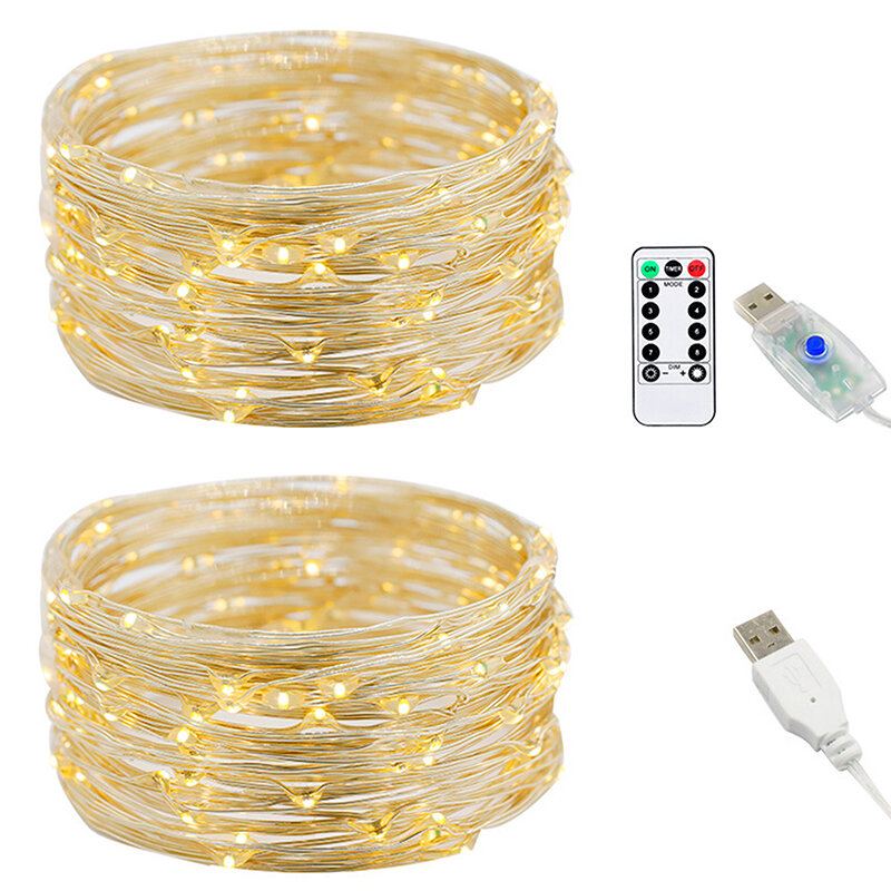 Guirnalda de luces LED de alambre de cobre impermeable, 8 modos, guirnalda de hadas, luces de Navidad, Control remoto al aire libre, decoración de boda alimentada por USB