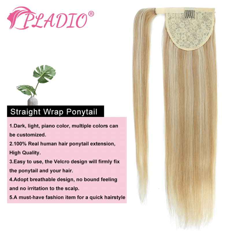 Straight Ponytail Extensões de cabelo humano, Clipe final grosso, Magic Wrap Around, brasileiro, 100% Remy, 12-28 em