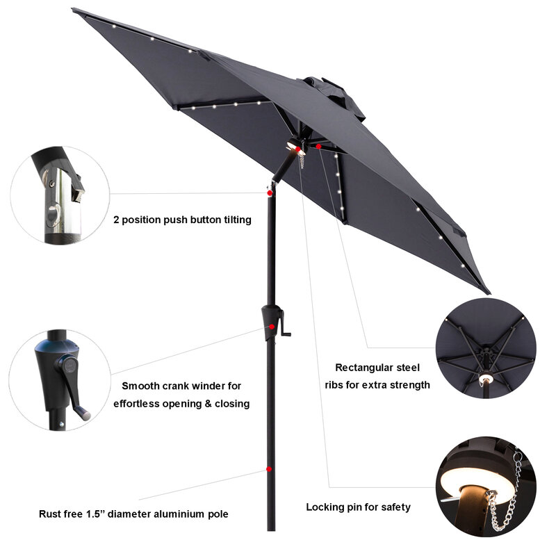 Paraguas de mercado para Patio al aire libre de 7,5 pies con luces LED solares e inclinación