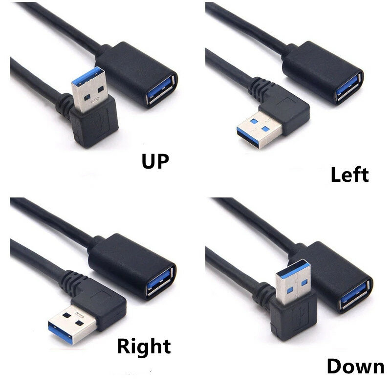 Cabo de extensão macho para fêmea, cabo adaptador, transmissão com cabos, USB 3.0, ângulo, 90 graus, direita, esquerda, cima, baixo