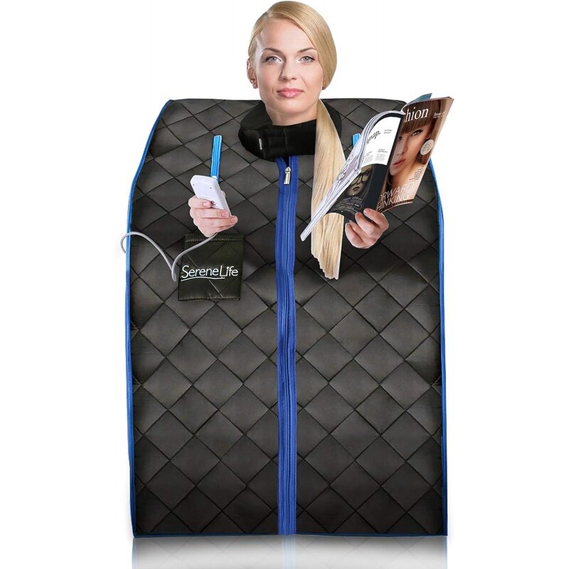 SereneLife-Spa infrarrojo portátil para el hogar, Sauna para una persona con almohadilla calefactora para los pies y silla portátil, color negro