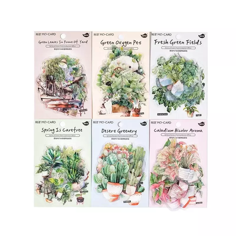 30Sheets PET White Sticker Pack Green Plant Collection Supplies Decorative Desert Green Plant Handbook DIY Scrapbook 130*85MM