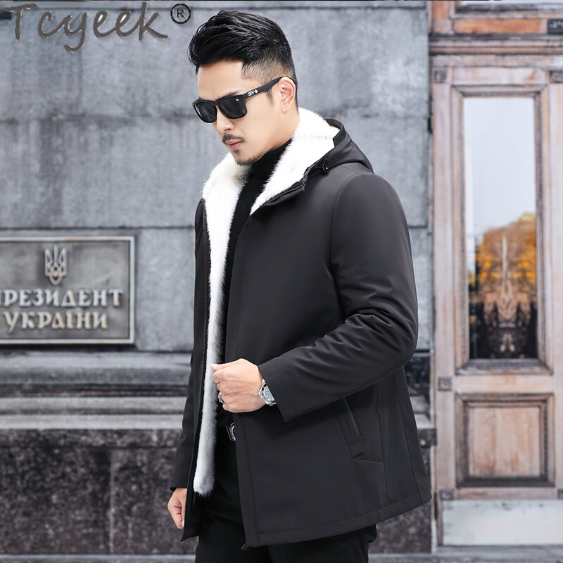 Tcyeek-男性用の本物のミンクの毛皮のコート,フェレット,ミドル丈のパーカー,ファッショナブルな服,冬,2023