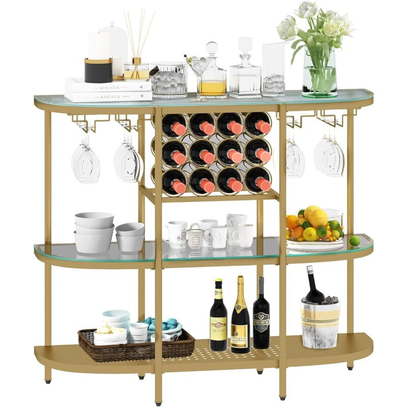 Wine Rack Table With Glass Holders 3-Tier Liquor Bar Table Gold Refrigerator Furniture
