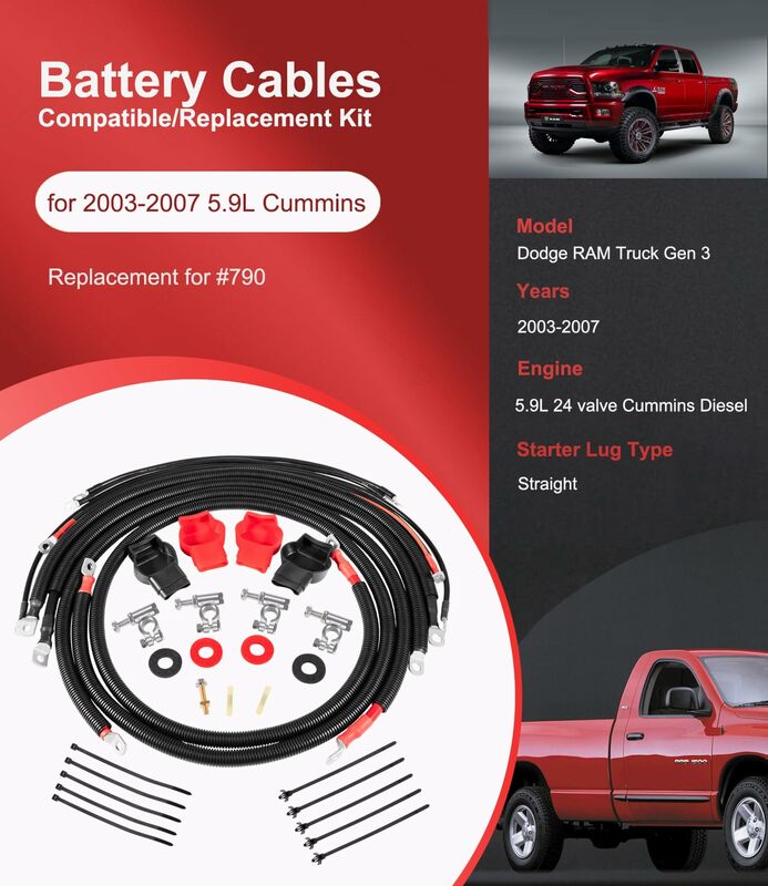 MX Battery Cables Wire kit Fit for Dodge RAM Truck Gen 3 2003-2007 5.9L 24 Valve Cummins Diesel Straight Starter Lug