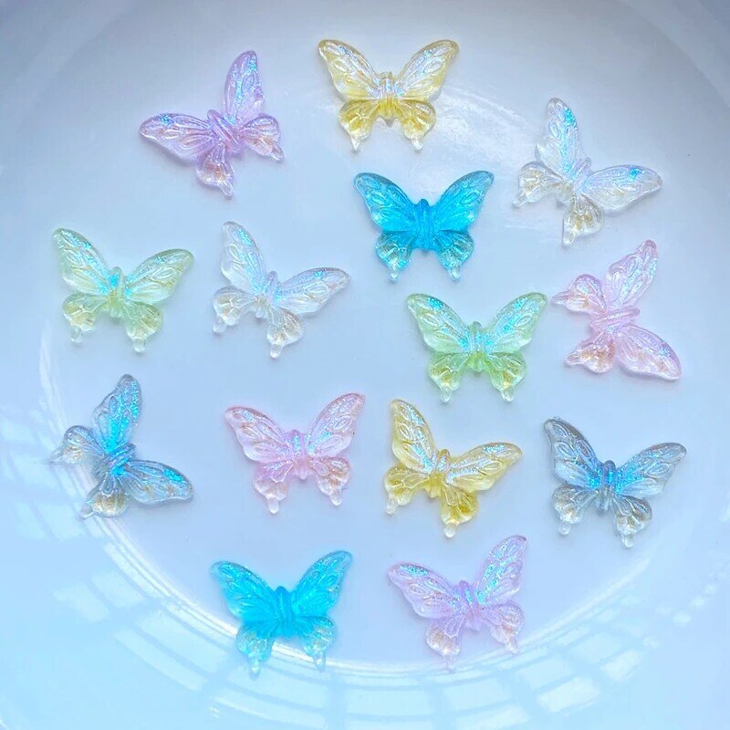 100 sztuk nowy śliczne Mini Shining Butterfly figurka z żywicy rzemiosło Flatback Cabochon Ornament tworzenia biżuterii Hairwear Accessorie