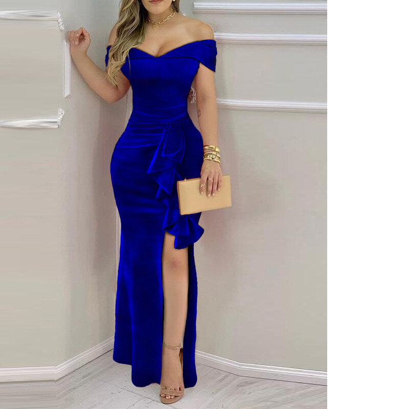 New fashionable and personalized one shoulder slit long dress sexy V-neck dress temperament long dress for women