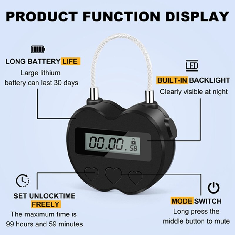 Display LCD Smart Time Lock, Multifuncional Viagem Temporizador Eletrônico, impermeável USB recarregável, Temporizador Temporário Cadeado