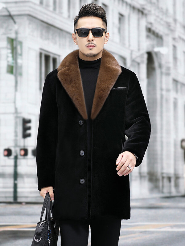 2023 겨울 남성 패션 리얼 밍크 모피 칼라 코트, 남성 양 전단 재킷, 남성 싱글 브레스트 정품 모피 겉옷 P509