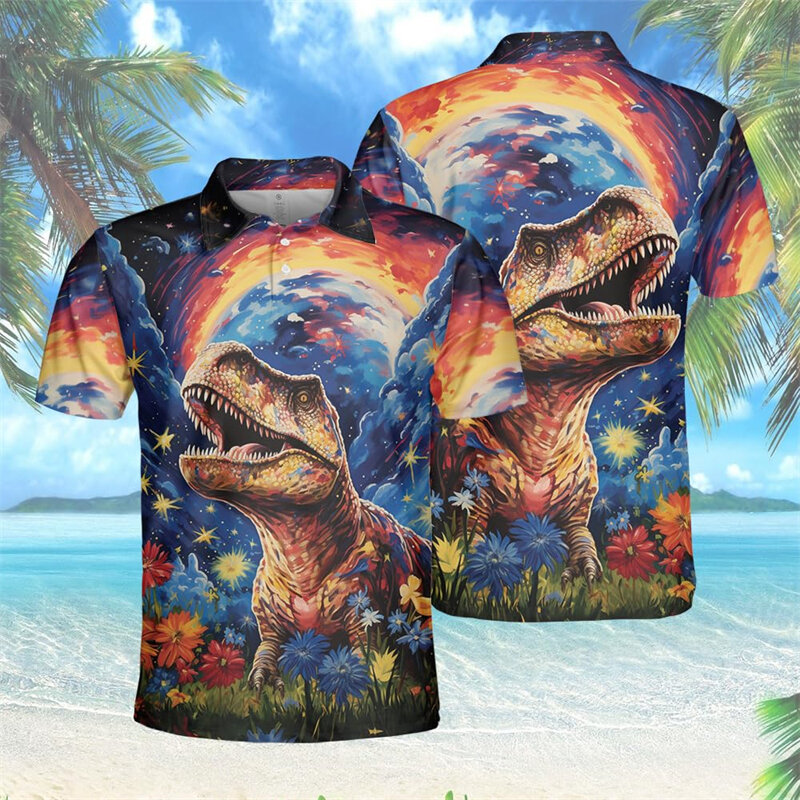 공룡 섬 그래픽 폴로 셔츠 남성용, 하라주쿠 패션 디플로도커스 그래피티 폴로 셔츠, 소년 반팔 상의, 여름