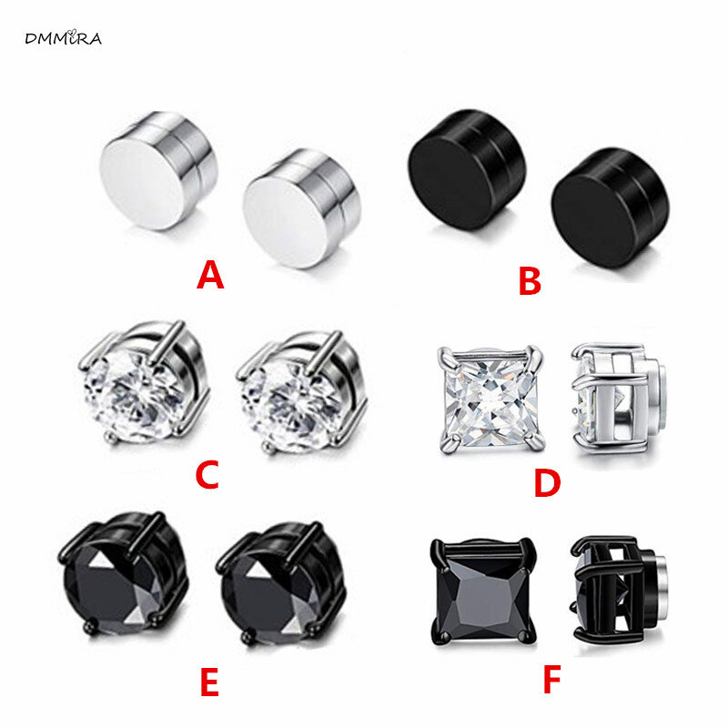 Fashion Women Men Punk Color Black Magnet Stainless Steel White  Zircon Stone Round Magnet Stud Earrings Jewelry