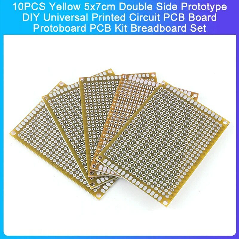 Duplo lado protótipo circuito impresso placa PCB, DIY Universal Protoboard, kit PCB, Breadboard Set, amarelo, 5x7cm, 10pcs