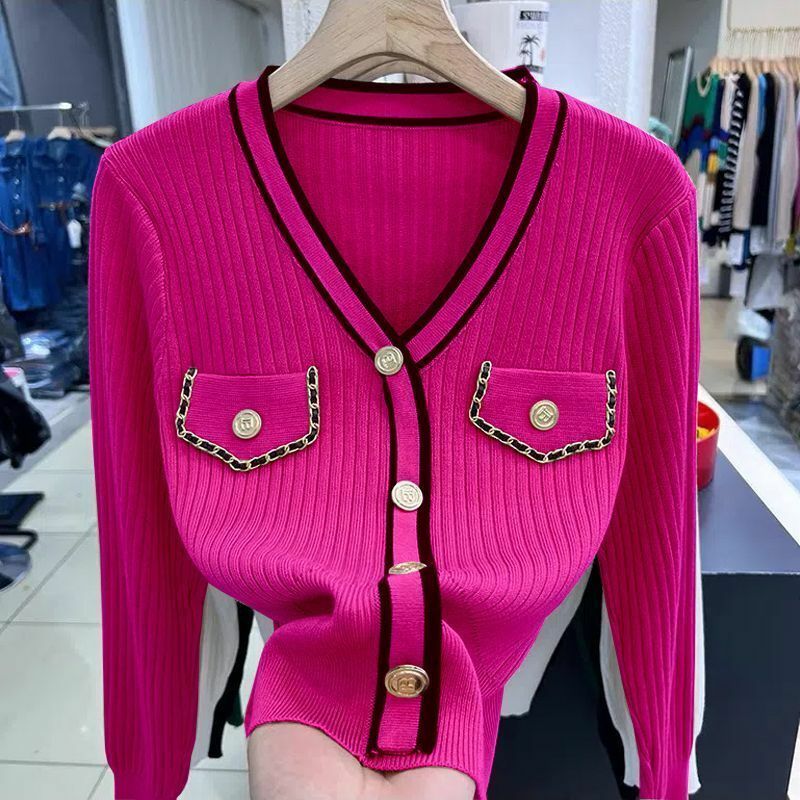 템퍼러먼트 V넥 뜨게 슬림 숏 스웨터, 긴팔 단추 풀오버, 우아한 여성 의류, 용수철 가을 신상 패션
