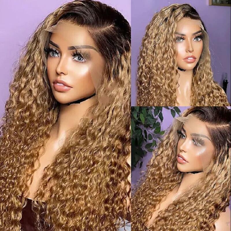 Soft Glueless Curly Lace Front Wig para mulheres, cabelo do bebê, pré-arrancado, longo, Ombre, loira, Kinky, resistente ao calor, 180 Densidade, 26"