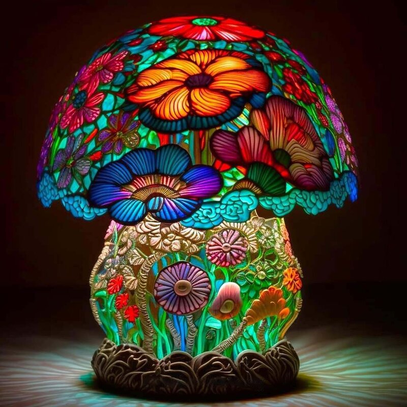 창의적인 스테인드 글라스 식물 시리즈 테이블 램프, 꽃 버섯 달팽이 문어 모양 송진, 레트로 장식 테이블 램프, 야간 조명