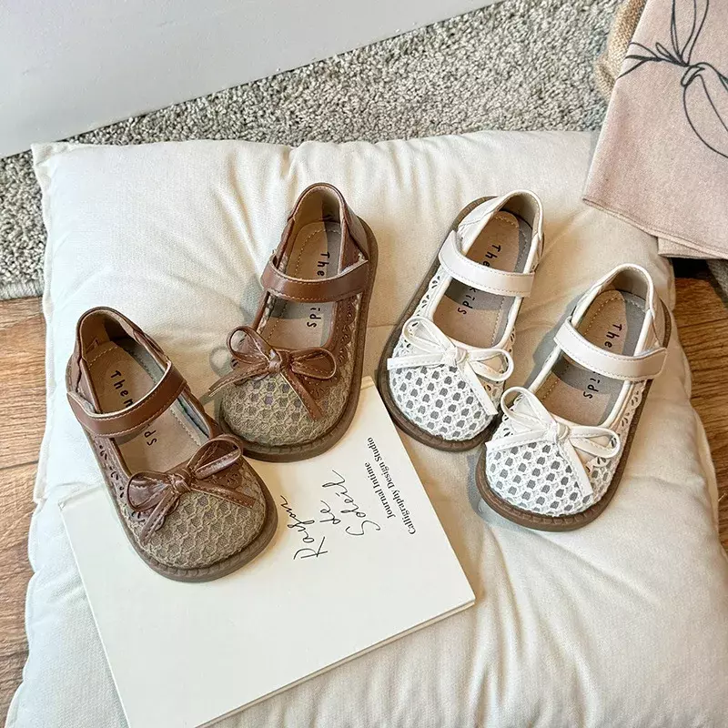Children Fashion Sandals for Girls 2024 Summer New Comfortable Breathable Korean Style Cut-outs Non-slip Bowtie Beach Shoes