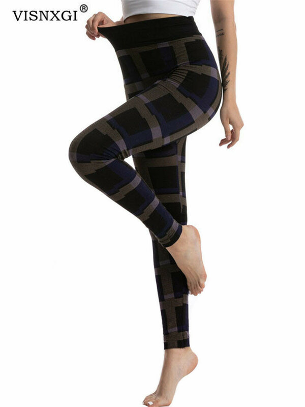 Visnxgi mulheres leggings grid print exercício de fitness jacquard xadrez sem costura empurrar para cima calças femininas cintura alta tornozelo-comprimento calças