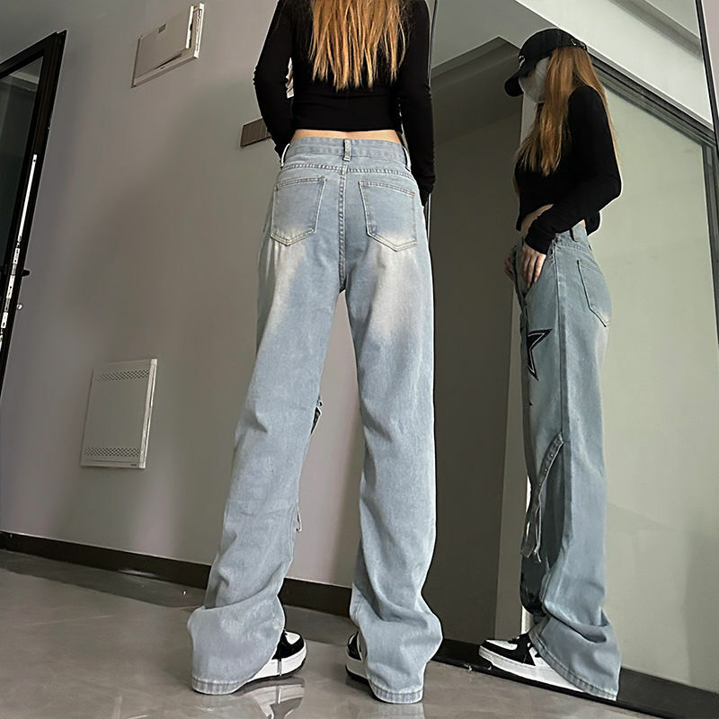 Calça jeans de perna larga feminina, calça larga, perna larga, cintura alta, solta, casual, na moda, estrela americana, jeans de dois tons, novo