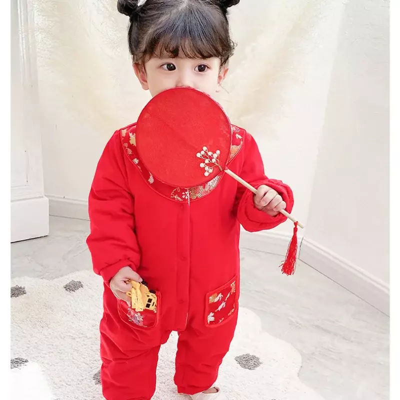 Vêtements traditionnels chinois en pur coton pour bébé fille, barboteuse rouge Kawaii, tenue brodée Hanfu Tang imbibée, tenue de nouvel an, 2 couleurs