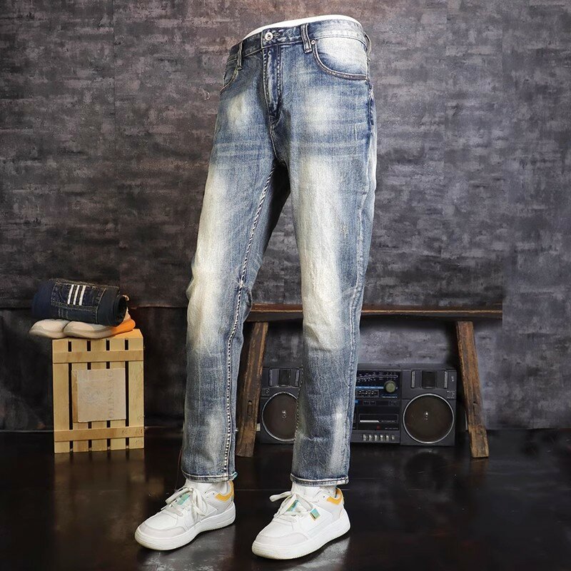 Jeans azul retrô rasgado masculino, de alta qualidade, elástico, slim fit, vintage, casual, jeans, moda recém-estilista