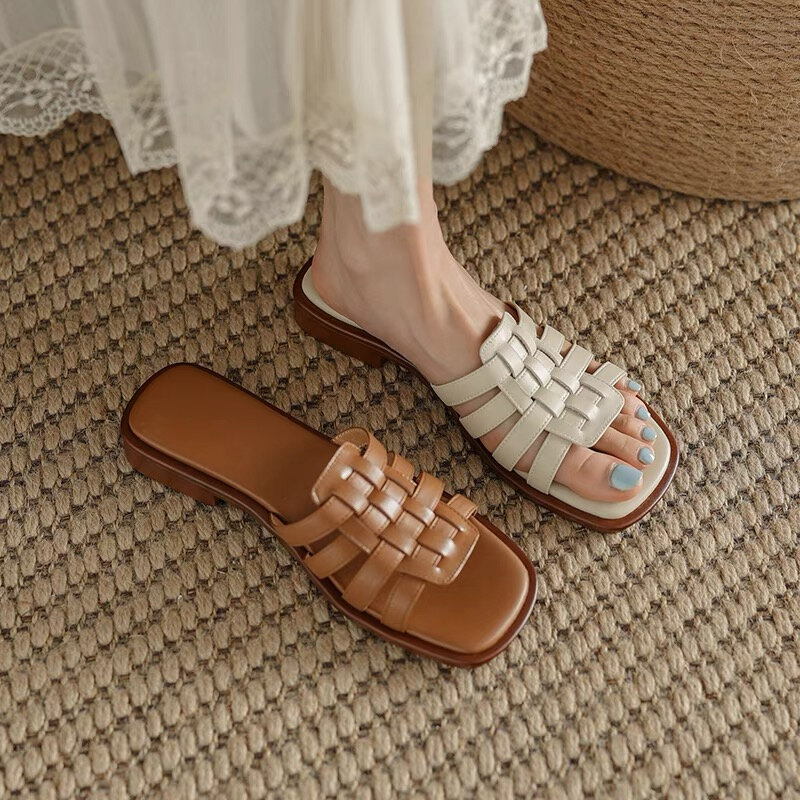 Vintage sandals Women's summer Ladies outside wear flat soft leather Shoes non-slip flip-flops woven soft soles brown slippers