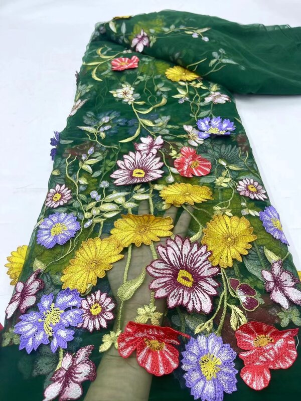 Tela de encaje de flores 3D para mujer, tejido africano bordado, malla francesa de alta calidad, encaje de tul Nigeriano para vestido, 2024