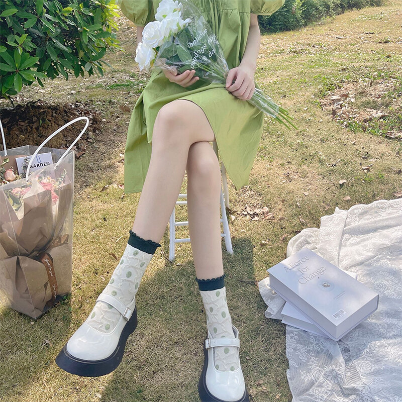 Calcetines cortos de algodón para mujer, medias de tubo medio, estilo coreano, japonés, dibujos animados, flor verde, Harajuku, Kawaii, informales, transpirables