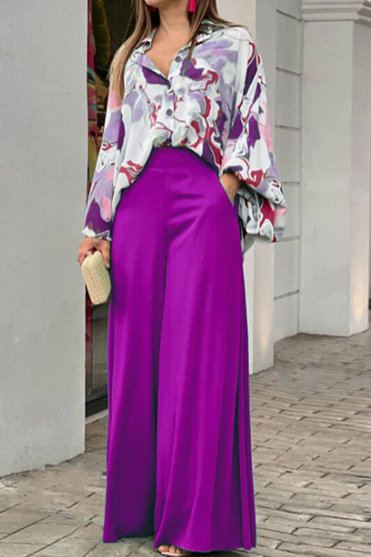 Conjunto de moda para mujer, Camisa estampada con cuello vuelto y pantalones de pierna ancha sólidos, chándal elegante, ropa de talla grande