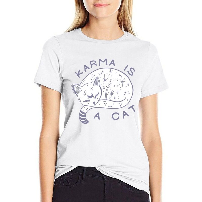 Karma is a Cat เสื้อยืดสีขาวสำหรับผู้หญิงเสื้อผ้าที่สวยงามเสื้อผ้าฮิปปี้ฤดูร้อน