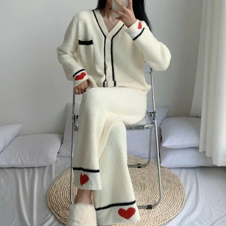 Pigiameria da donna invernale manica lunga in pile corallo pigiama da donna Set Solid Love Print monopetto con scollo a V Homewear per donna