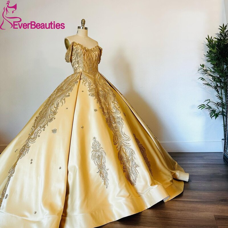 Gold Satin Perlen Luxus süß 16 Kleid Quince anera Kleider für Junioren schulter frei Ballkleid Vestidos de 15 Quinceañera