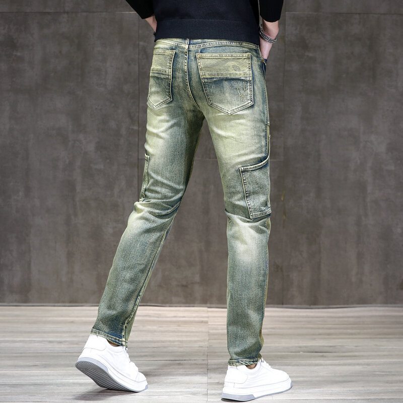 Ретро состаренные мотоциклетные джинсы мужские высококлассные небольшие прямые модные Универсальные облегающие Стрейчевые повседневные уличные брюки