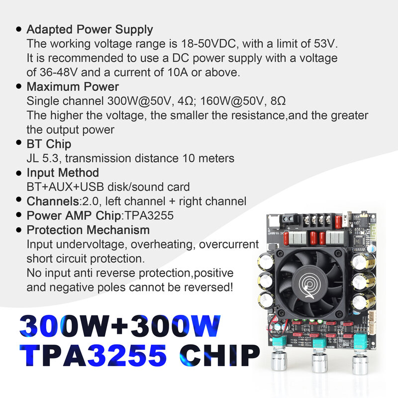 ZK-3002T Bluetooth Amplifier Board TPA3255 Chip, 300W+300W Peak Power Output  2.0 Channel with Treble and Bass Adjustment