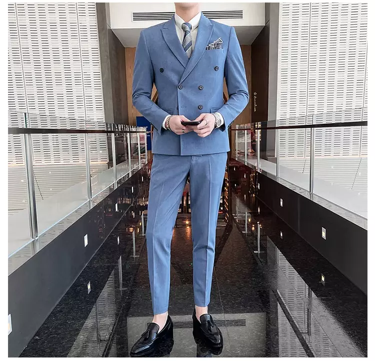 Setelan pakaian formal gaya Inggris untuk pria, setelan jas formal profesional, pakaian kotak-kotak berkancing dua baris, slim-fit, untuk pria