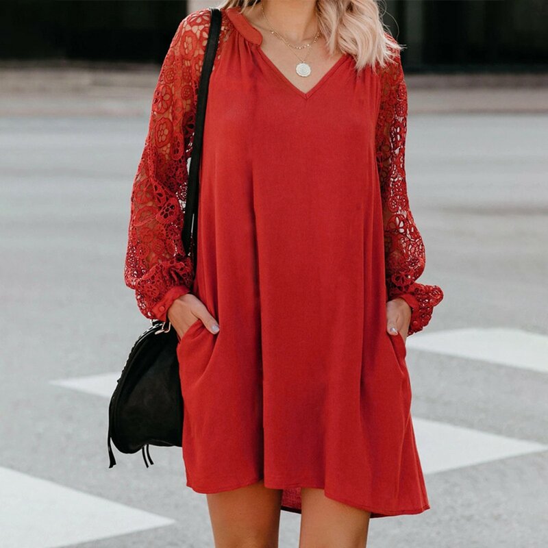 2024 New Spring And Summer Dress Women's Elegant Halter Lace Splicing Print Hollow V-neck Red Loose Casual Mini Dress Robe