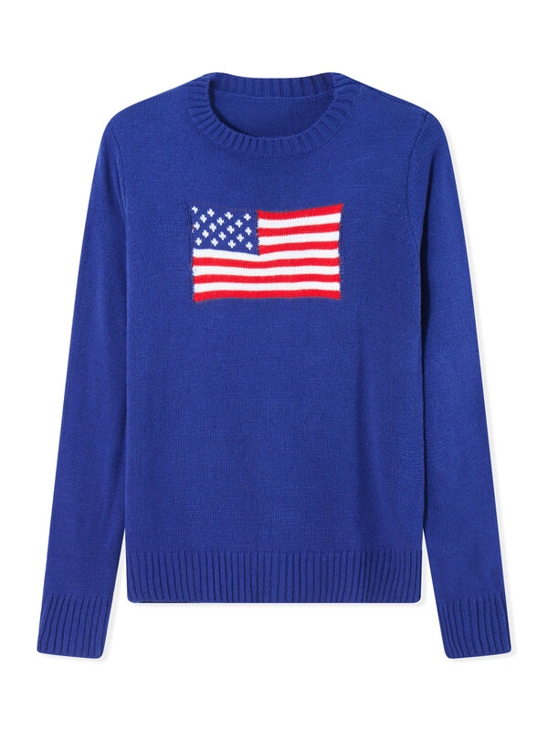 Suéter Vintage Y2k para mujer, sudadera informal de manga larga con cuello redondo, Jersey de punto suelto con estampado de bandera de EE. UU., suéter a rayas Preppy