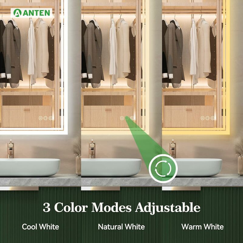 ANTEN-Espelho do banheiro com luzes LED, retroiluminado, anti-nevoeiro, 3 modos de cores, vaidade regulável, 40 "x 24"