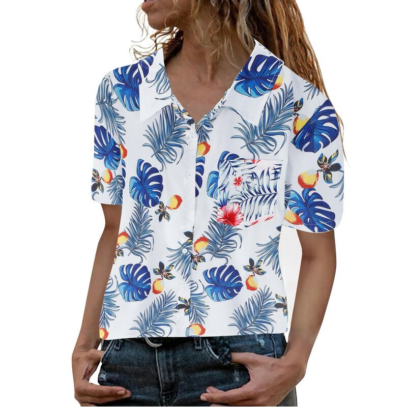 Kemeja bunga pantai Hawaii wanita, baju berkancing tipis lengan pendek gaya Korea Musim Panas 2024