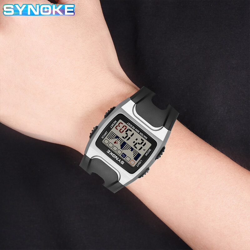 นาฬิกาข้อมือสำหรับเด็กผู้ชายสีดำกันน้ำสายหนัง PU หน้าปัดสี่เหลี่ยมนาฬิกาสปอร์ตดิจิทัล