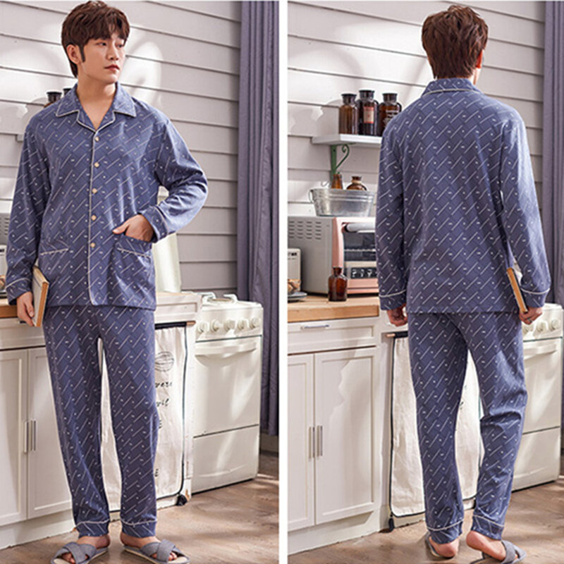 Pyjama en coton à manches longues pour hommes, grande taille, robes de nuit et chemises de nuit, ensemble de vêtements de maison, hiver, printemps, automne