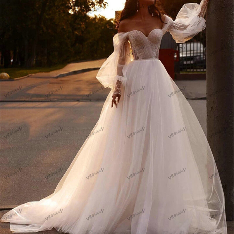 プリンセス-女性のための錯覚のウェディングドレス,裸の肩のガウン,パフスリーブのローブ,花嫁のためのブライダルガウン,2024