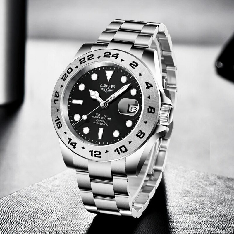 Lige 2024男性腕時計ステンレスバンドデートメンズ時計ビジネス男性時計防水贅沢男性用腕時計