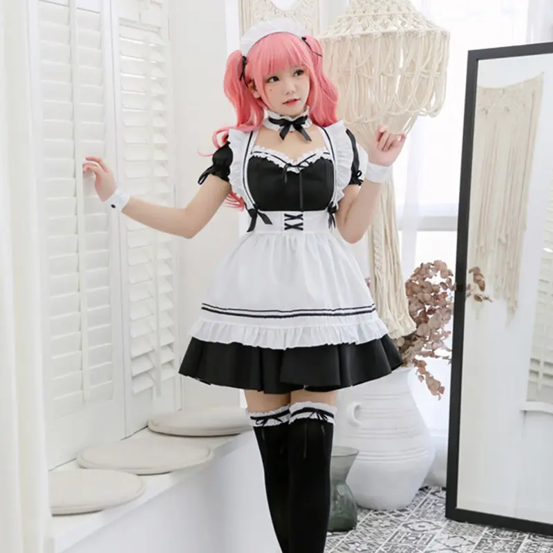 Women Maid Outfit Anime Long Dress Black and White Apron Dress Lolita Dresses Men Cafe Costume Cosplay Costume Горничная Mucama