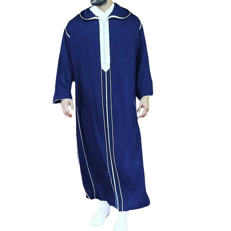 Bata musulmana de manga larga con cremallera para hombre, camisa de rayón con bolsillo y botón, estilo árabe medio, Simple