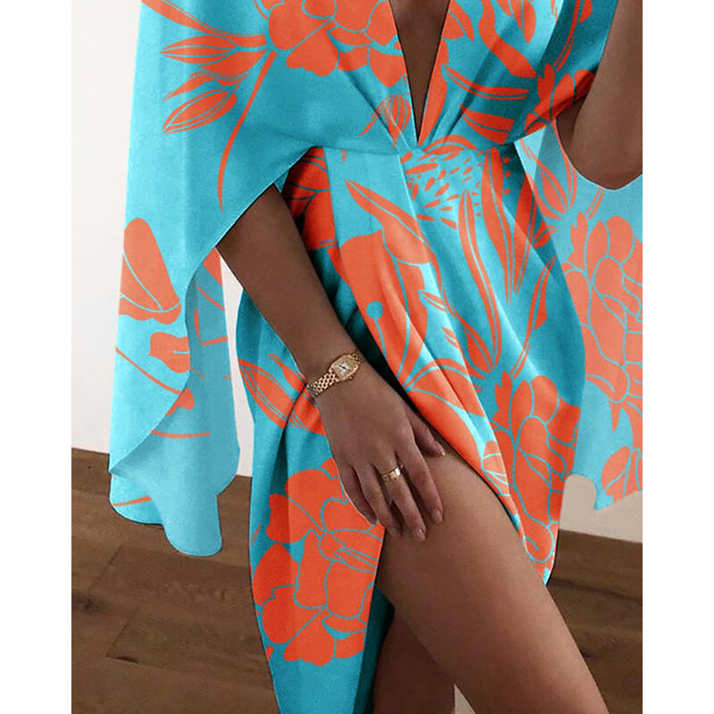 Gaun Maxi Celah Cetak Tanaman Lengan Batwing Wanita Musim Panas 2022 Pakaian Sehari-hari Liburan Leher V Baju Mini Pantai Pakaian Wanita Seksi Baru