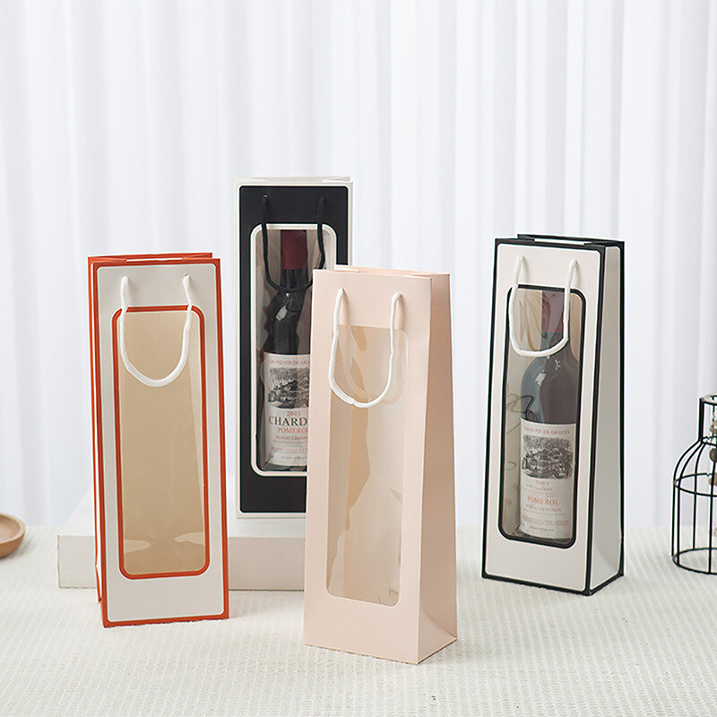 New Style Single Red Wine Tote Bag Window Transparent PVC Kraft Paper Flower Doll Rectangular Gift Packaging Bag