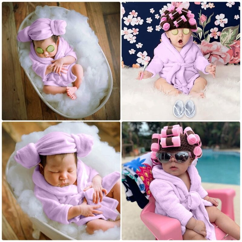 Costume nouveau-né pour photographie bébé, peignoir respirant, casquette pour cheveux bouclés, couvre-chef, vêtements