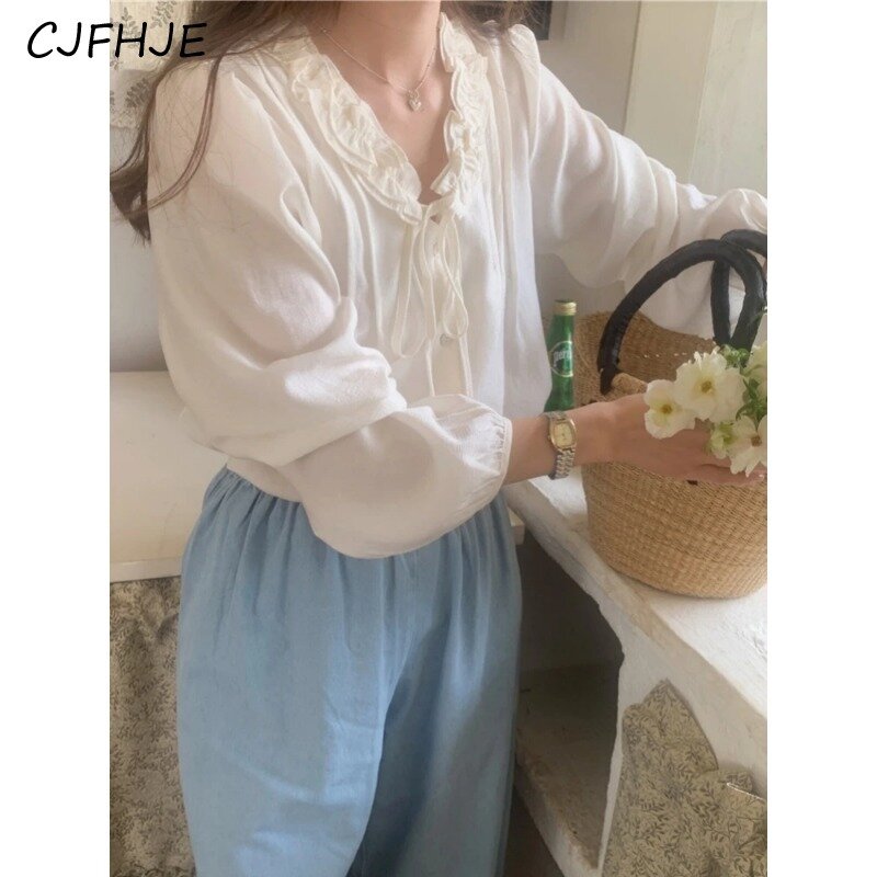 CJFHJE versione coreana camicia in Chiffon con scollo a v tinta unita da donna primavera francese dolce orecchio in legno con lacci Top camicia a maniche lunghe da donna
